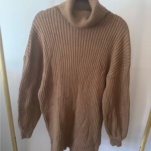 Brown Ribbed Turtleneck Sweater Dress, Size XL